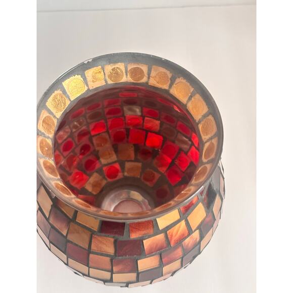 Vintage Mosaic Glass Pedestal Vase CandleHolder 8” tall Gold Amber Brown - Picture 6 of 7